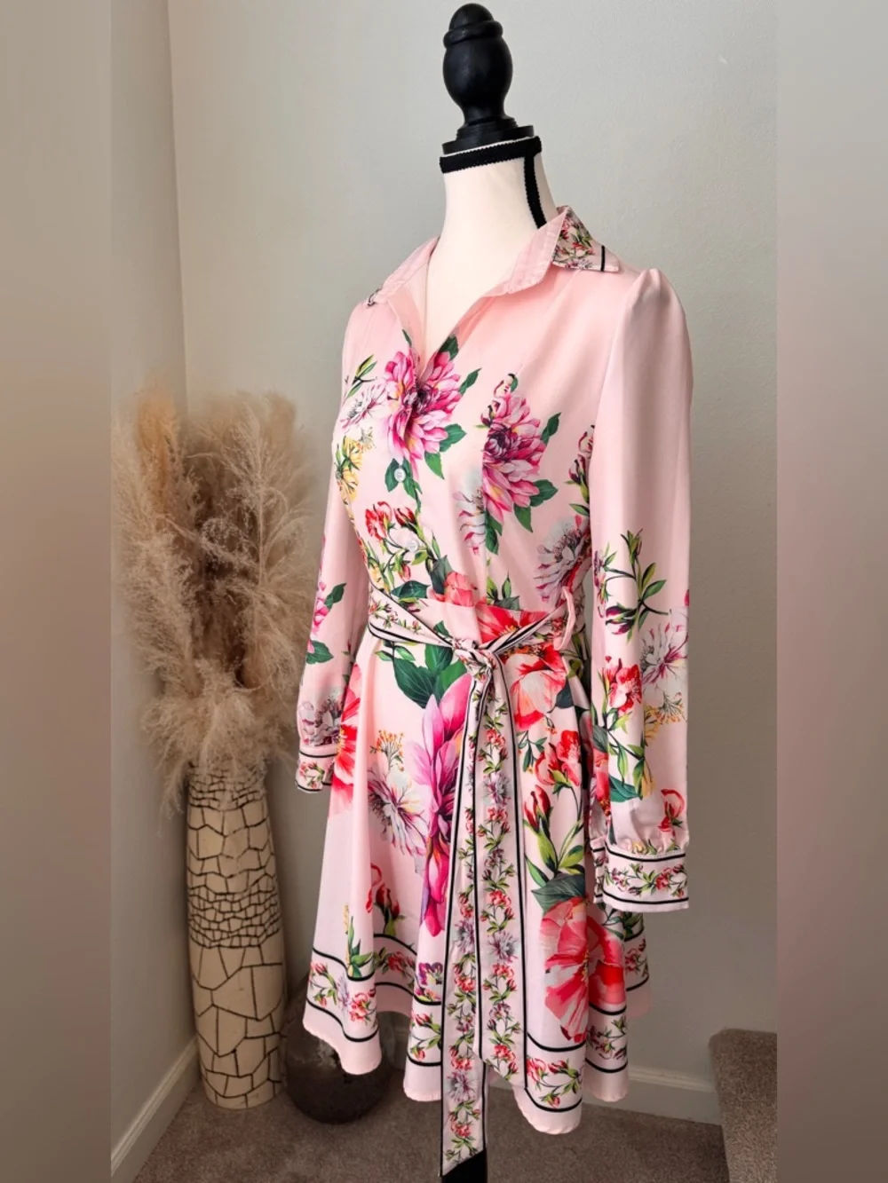 DALIA MACPHEE Pink Floral Long-Sleeve Shirt Dress with Tie Waist - S - Picture 2 of 8